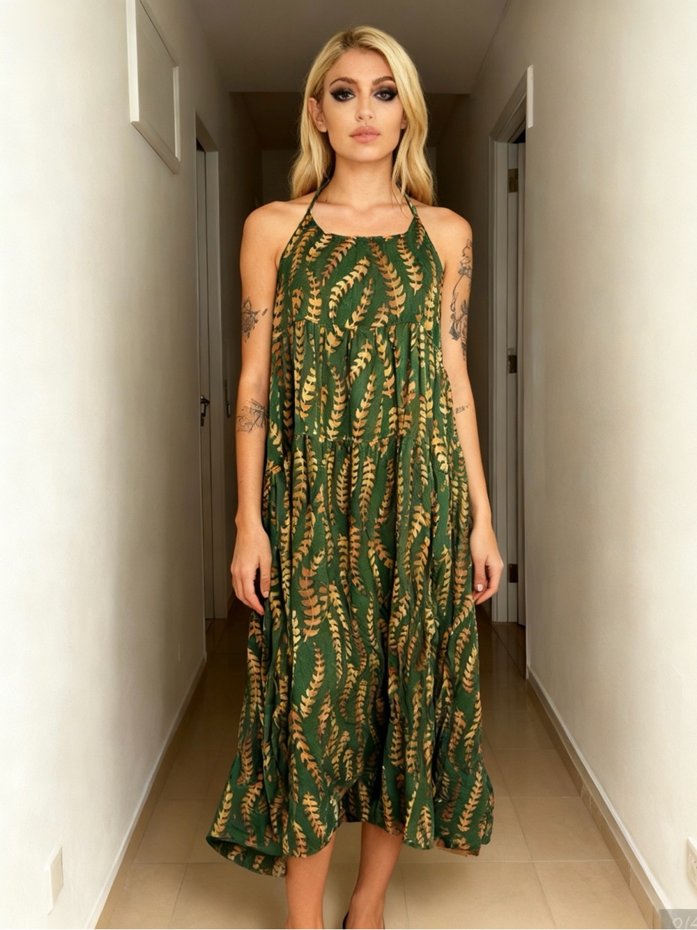 Green Midi Dress with Mustard Leaf Print, Sleeveless